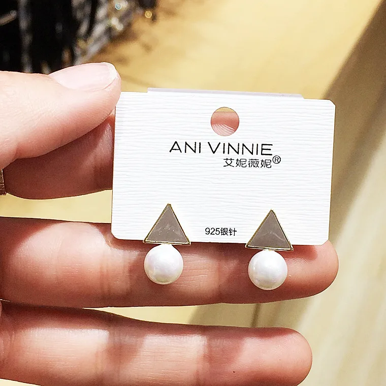 triangle pearl alloy earrings 925 silver pin Hypoallergenic fadeless fashion jewelry stud earrings women gift
