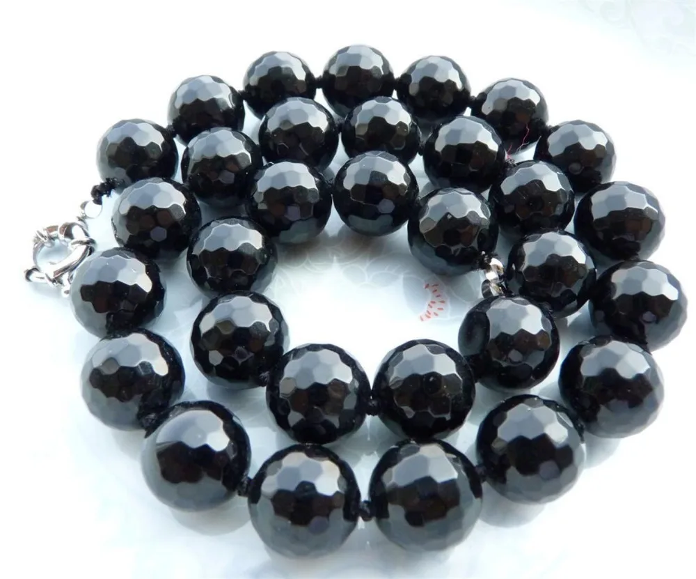 

Natural 10mm round faceted black onyx necklace 18"AAA^Noble style Natural Fine jewe FREE SHIPPING