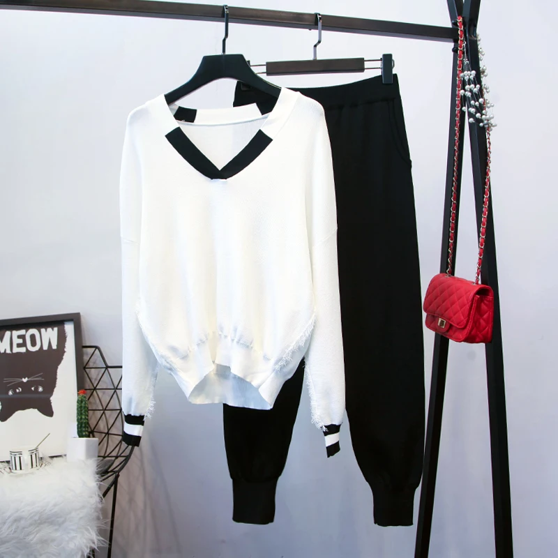 Высокое качество стильный дизайнерский подиумный костюм набор женский свитер с v-образным вырезом трикотажные брюки набор