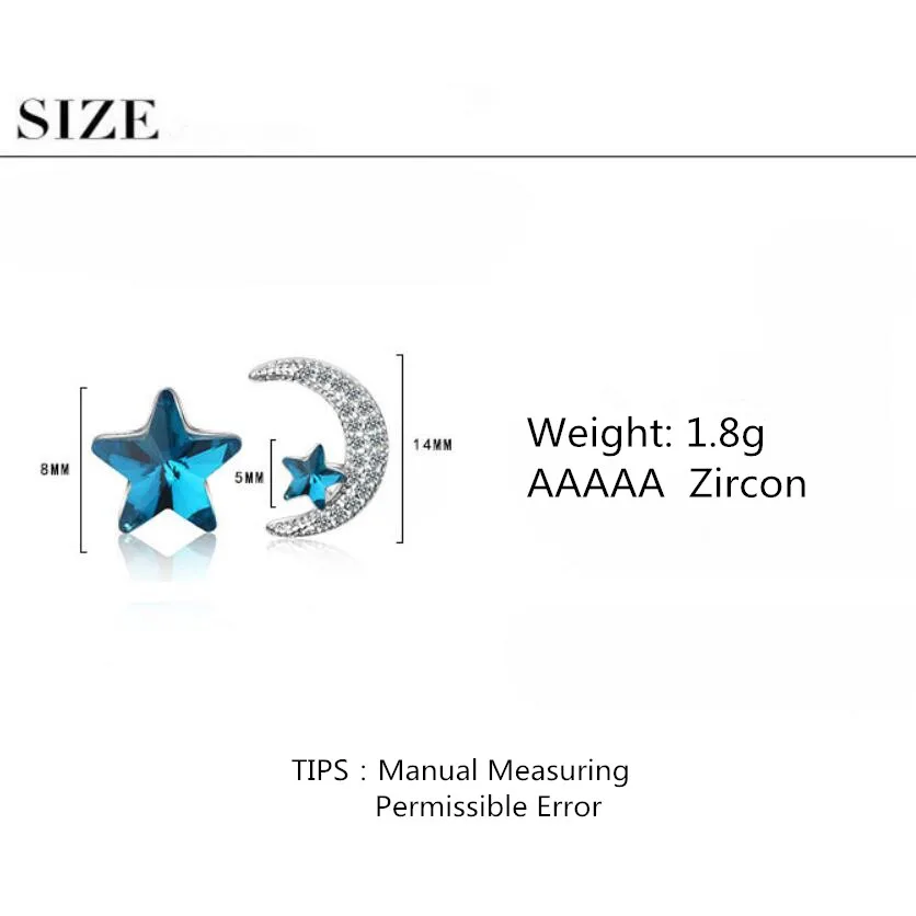 Новая синяя кристаллическая Звезда Луна асимметрия циркон серьги для женщин тренд креативный 925 стерлингового серебра ювелирные изделия подарок Brincos SAE192
