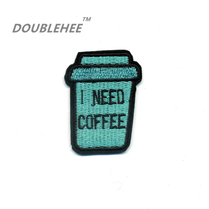 

DOUBLEHEE 3.9cm*5cm Embroidered Iron On Patches I Need Coffee Drinking Motif Design Embroidery For T-shirt Shoes Bags Applique