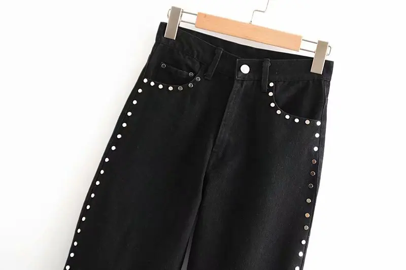 ASDS для женщин тяжелый заклепки украшения черные джинсы талии Slim Fit дамы