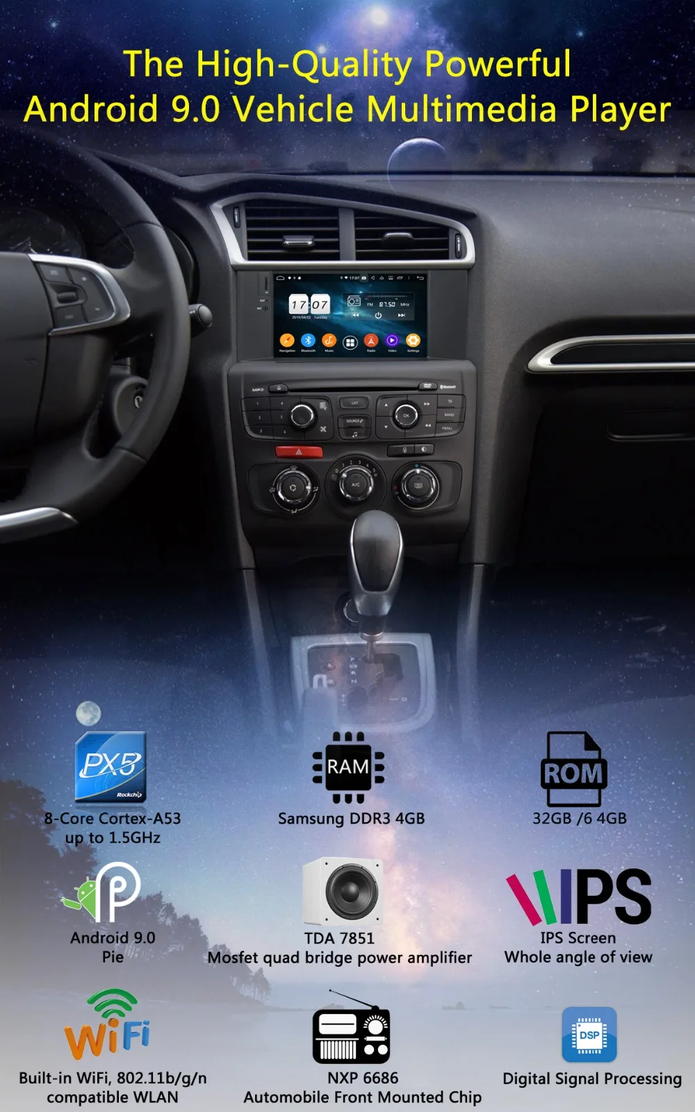 " ips 8 ядра, 4 ГБ, 64 ГБ, Android9.0 машинный DVD проигрыватель для Citroen C4 C4L DS4 2012 2013 DSP радио gps мультимедиа