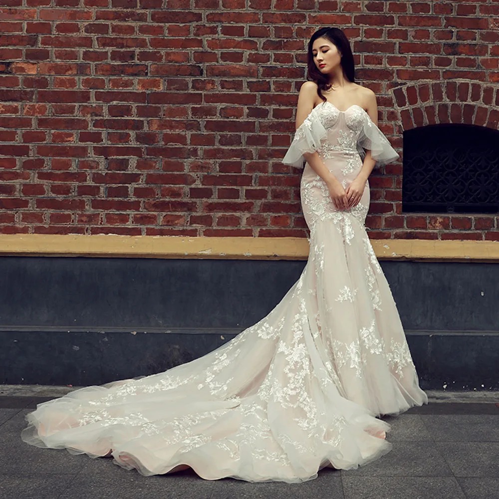 Vestido De Novia Sirena 2019 новое поступление с открытыми плечами короткий рукав кружево до аппликации Русалка Свадебные платья Плюс размеры