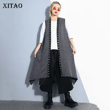 

[XITAO] New Spring 2019 Summer Korea Fashion Open Open Stitch V-neck Sleeveless Loose Vest Female Solid Color Long Vest WBB2374