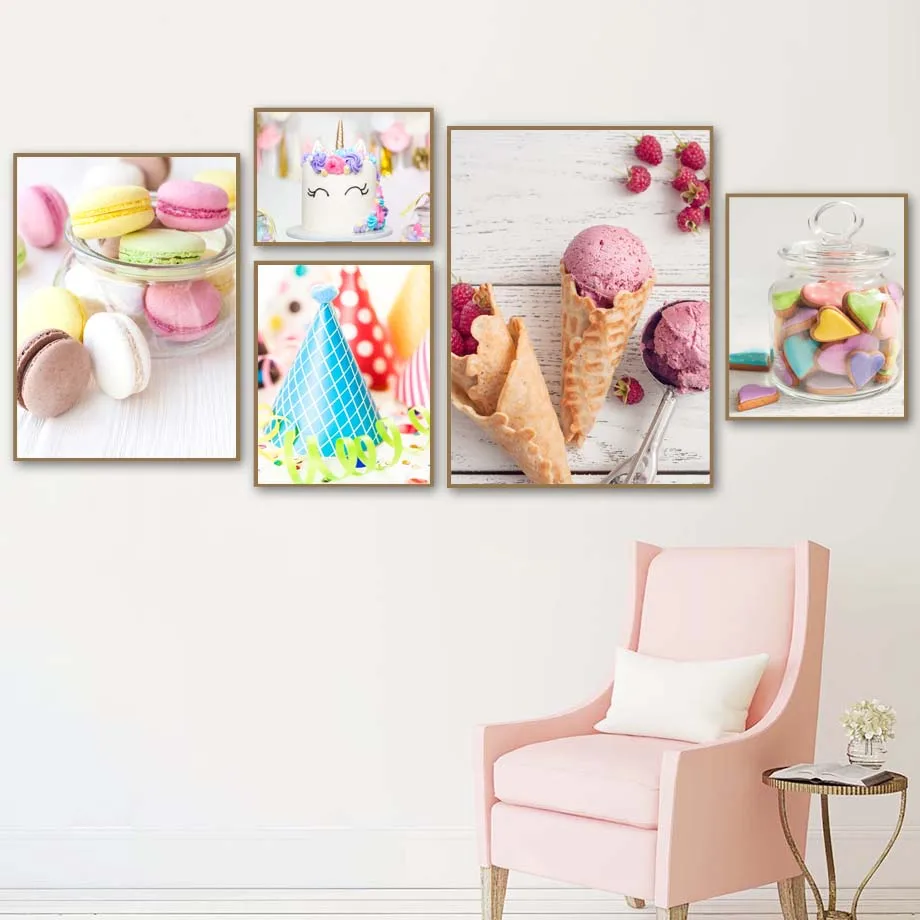 Ice-Cream-Macaron-Unicorn-Cake-Wall-Art-Canvas-Painting-Posters-And-Prints-Wall-Pictures-For-Kids