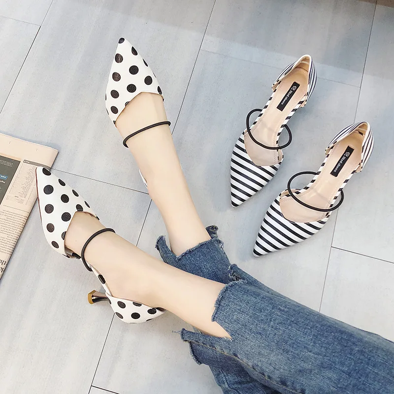 

Summer Polka Dot Women Sandals Pointed Toe Women Stripe 6cm Thin Heel Ladies Slippers Comfortable Slip on Shoes Pumps