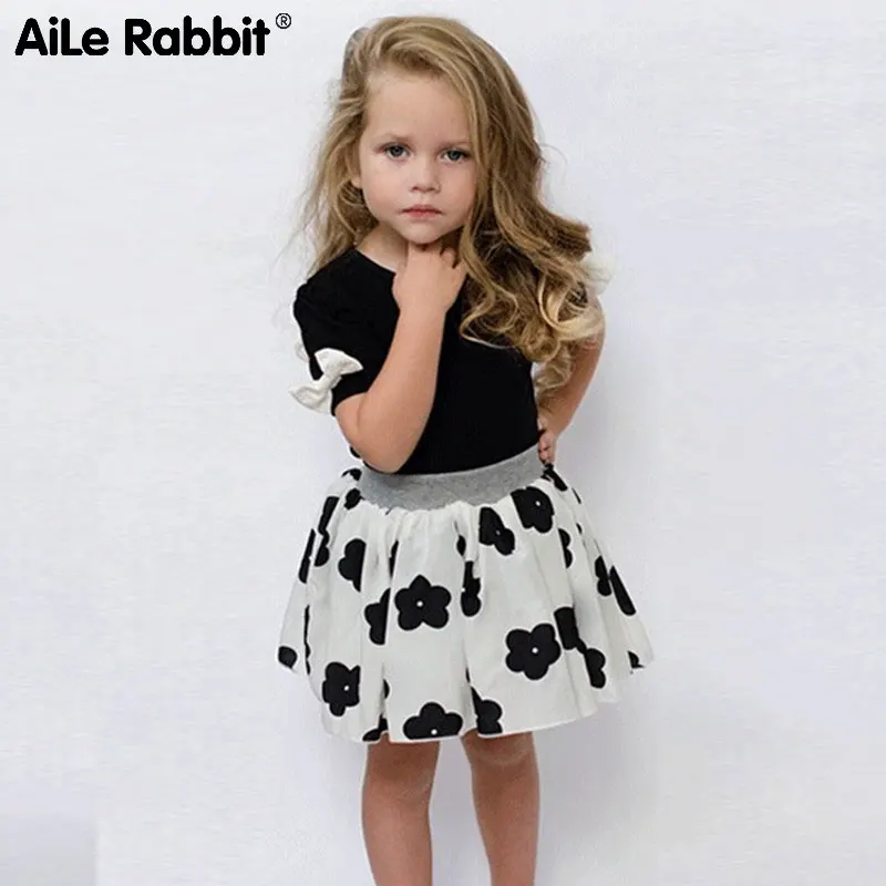 AiLe Rabbit/Коллекция года, комплект одежды для девочек модная футболка с короткими рукавами и юбка костюм из 2 предметов юбка с бантом и цветочным принтом детская одежда