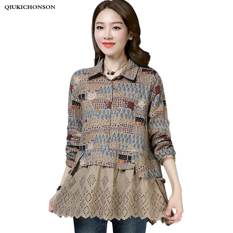 

Plus Size Women Long Sleeve Blouse Spring Summer Tops Ladies 4XL 5XL Casual Print Patchwork Ruffle Baby Doll Cotton Linen Shirts