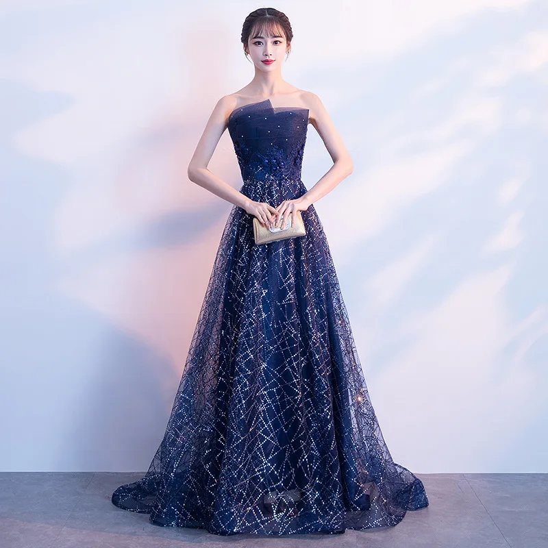 Темно-синий китайский Восточный с открытыми плечами Свадебные женские Сексуальные Длинные Cheongsam элегантное вечернее платье платья
