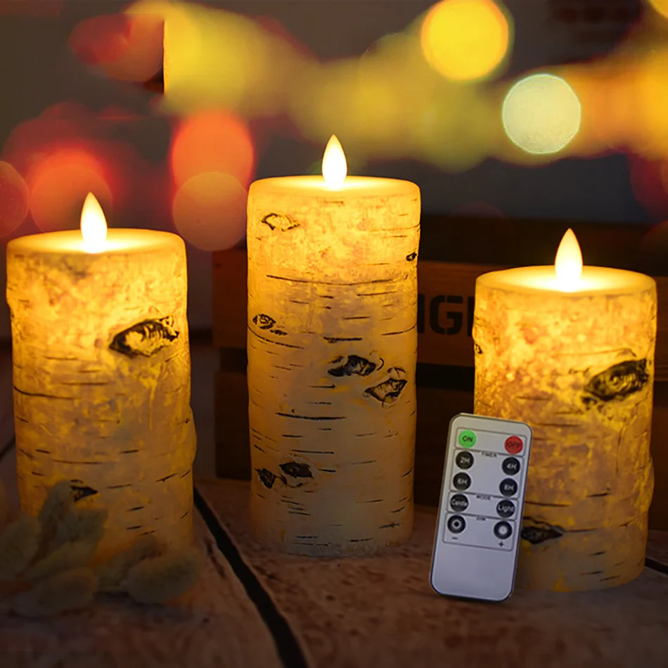 

Birch Bark Effect Pillar Candles 3 pcs/set,flameless remote paraffin wax led candle for room night light, Hotel candle decor.