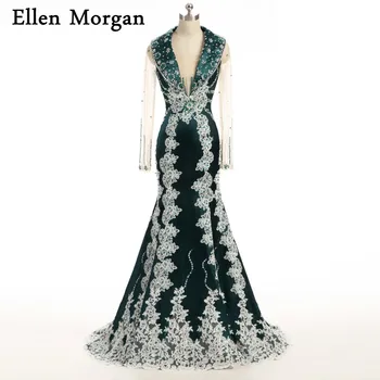 

Muslim Evening Dresses For Women Wear with Long Sleeve Appliques Lace Beading Mermaid Morocco Caftan Dubai Kaftan Formal Gowns