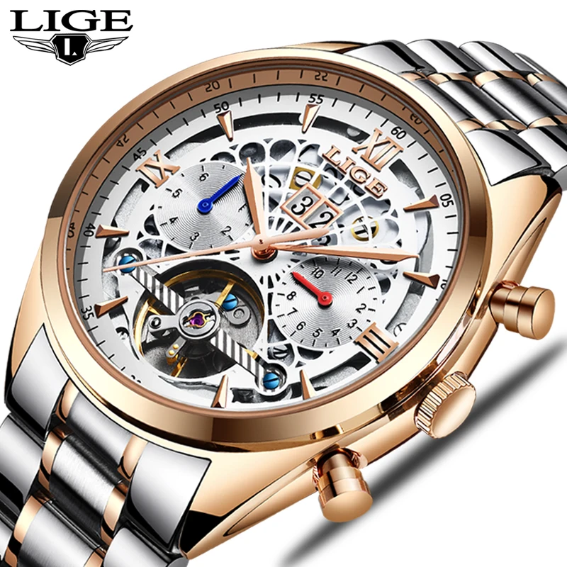 

LIGE Transparent Case 2018 Fashion 3D Logo Engraving Golden Stainless Steel Men Mechanical Watch Top Brand Luxury Skeleton+Box