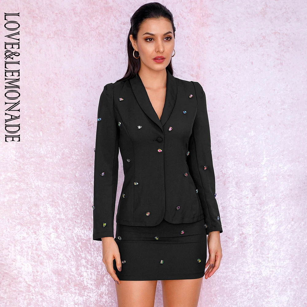 

LOVE&LEMONADE Sexy Black V-Shaped Lapel Rhinestone Beading Shoulder Pad Two-Pieses Slim Fit Set LM81843