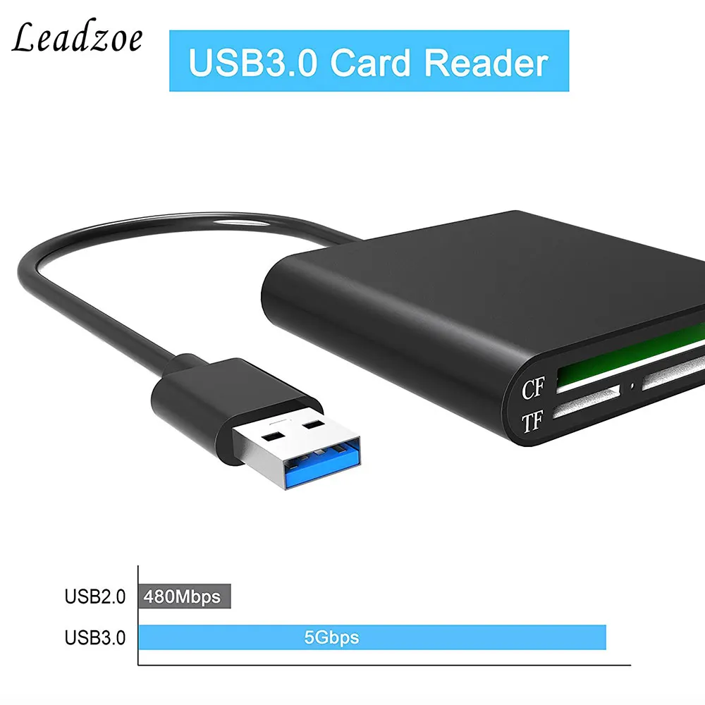 Leadzoe Алюминий USB 3,0 Портативный кард-ридер с 3 отделениями флэш-памяти кард-ридер для CF/SD/TF/микро SD/MD/MMC/SDHC/SDXC флэш-карты