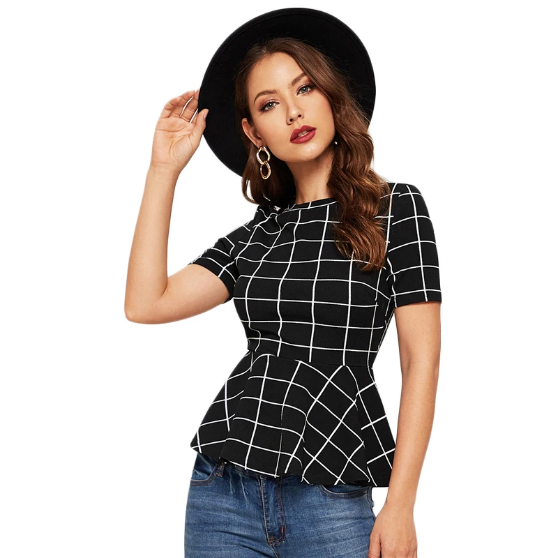 SHEIN Grid Print Peplum Hem Slim Fitted Blouse Women Summer Short Sleeve Workwear Office Lady Elegant Plaid Top Blouses