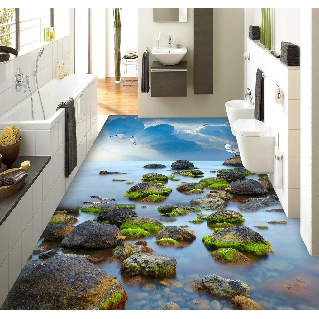 

3D Pvc Flooring Custom Wall Sticker TSea Stone Sea Sky 3D Bathroom Flooring Painting Photo Wallpaper for Walls 3d