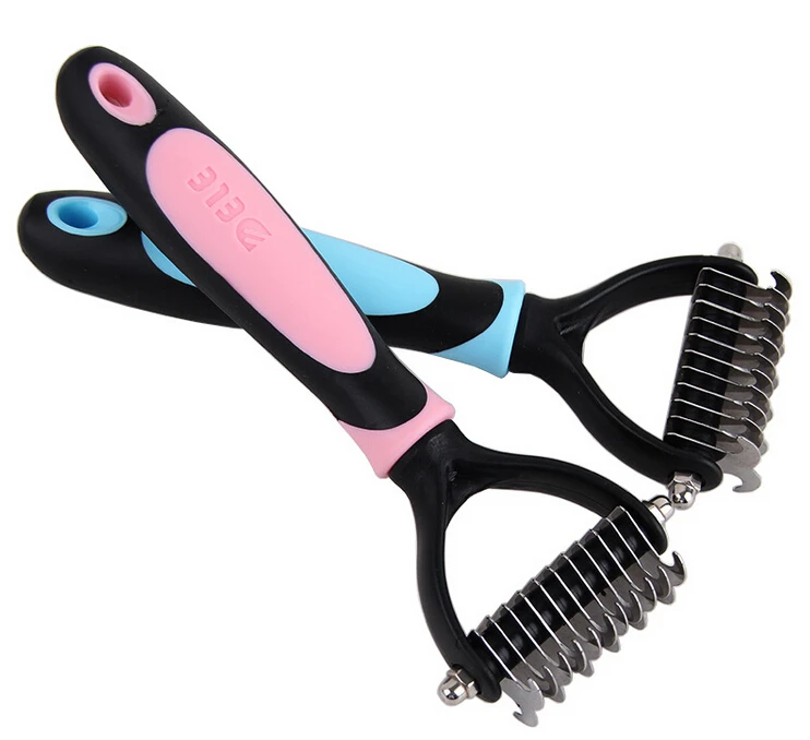 Pet dog Grooming comb High quality dog hair grooming tool for messy hair pet dog comb with silicone skidproof handle pink blue