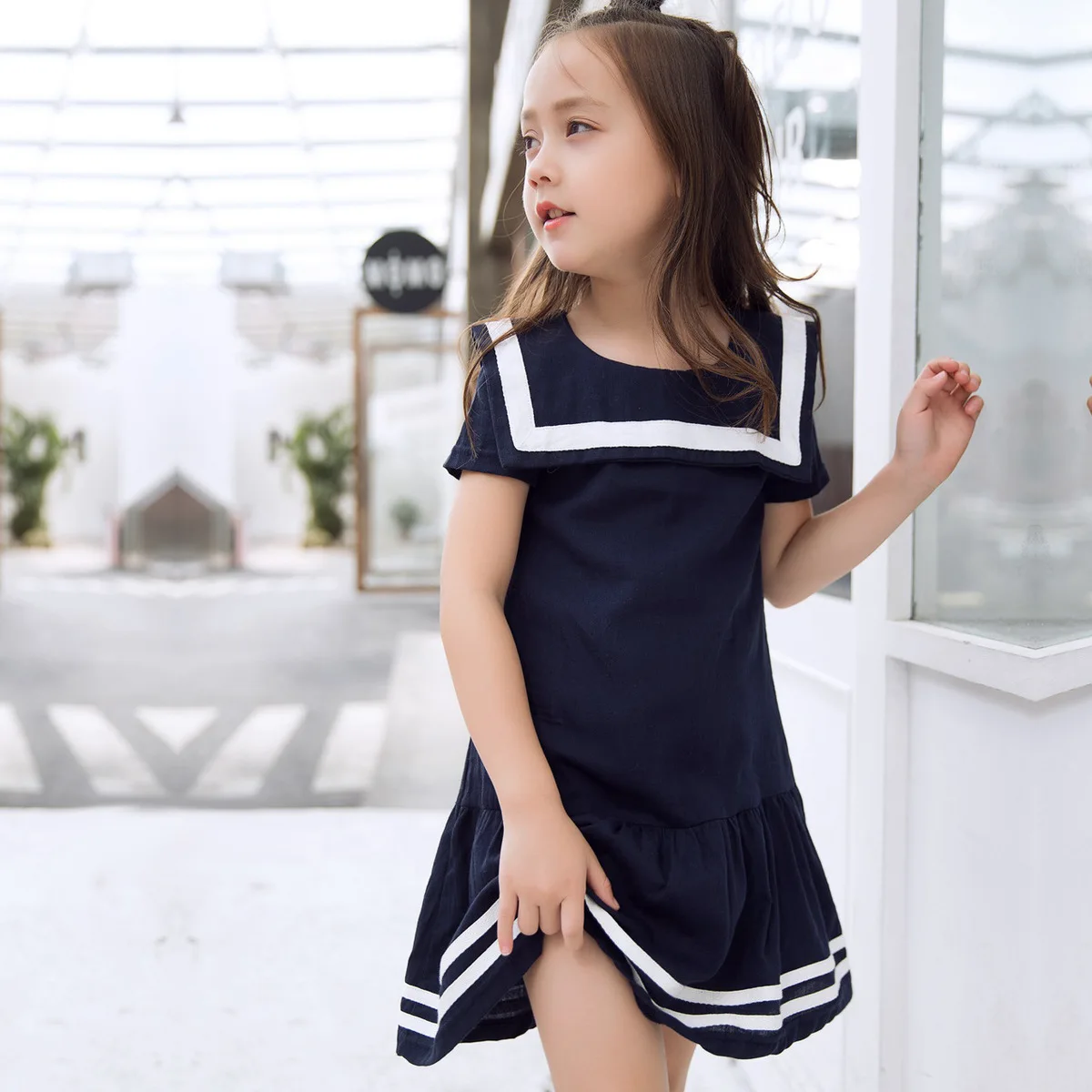 

New Kids Dress for Girls Knee-length Short Sleeve Dresses for Girl A-line Draped Dark Blue Fancy Clothes for Children Clothing