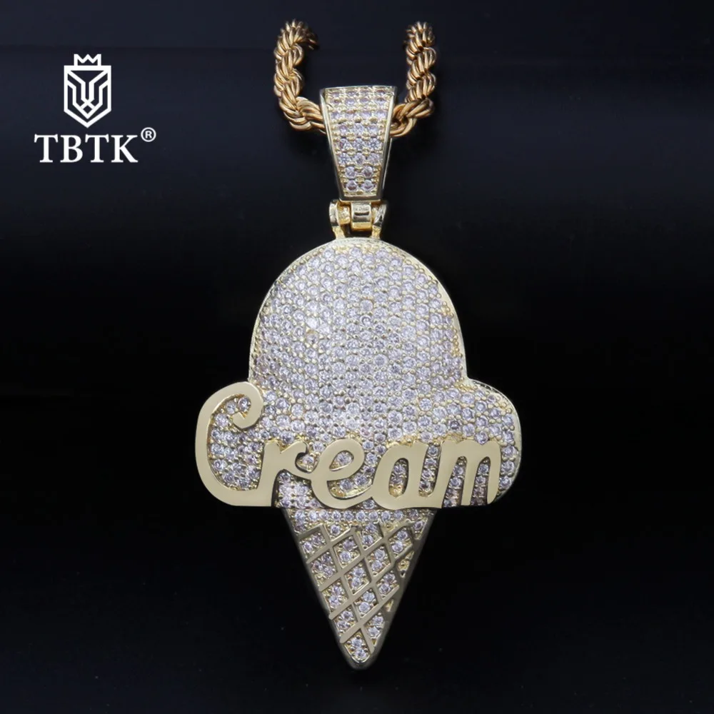 

TBTK Ice Cream Shape Pendant Creative Gold Necklace Iced Out Simulated Diamonds Pendant Steet Style Hiphop Girl&Boy Cubon Chain