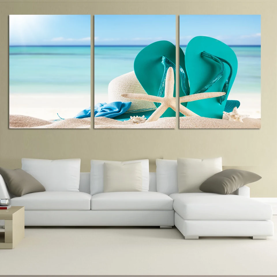 3 Panel Large Beach Canvas Seascapes Shoses and star