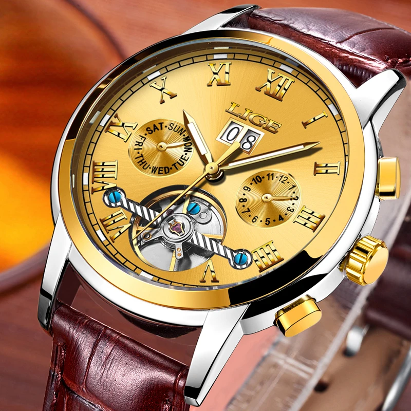 New LIGE Luxury Brand Men's Watches Fashion Business Automatic Watch Men 3ATM Waterproof Leather Wristwatches relogio masculino