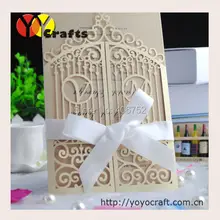 Элегантные, цвета шампанского золотые прямоугольник в сложенном виде Свадебная ажурная ворота приглашения с изготовленным на заказ Вензелями