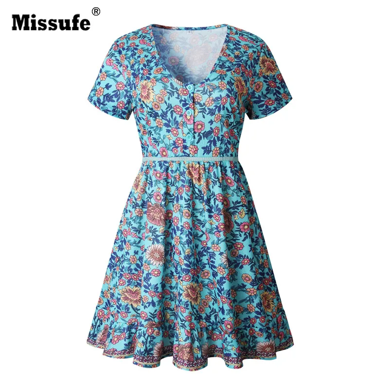 Missufe мини платье с цветочным принтом Для женщин V шеи пляжное Boho Кнопка Vestidos