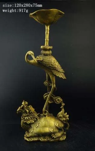 

China Brass Longevity Crane On Dragon Turtle Statue Candle Stick Pricket