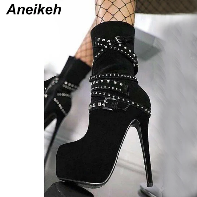 17aneikeh In Women Us47 High Biker Metal Shoes Punk Heels Chains Ankle Gothic Rivet Rhinestone Platform Rock Super Motorcycle Boots OiTwZuXPk