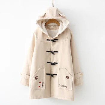 

Autumn Winter new preppy style embrodery Thicker Cotton Hooded Loose Woolen Coat Female Horn Button jackets outerwear gx1708
