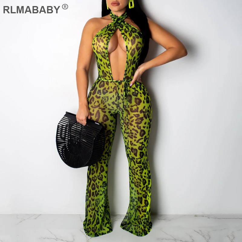 

RLMABABY Sexy Backless Bandage Leopard Summer Jumpsuit Halter Sleeveless Wide Leg Romper Overalls Casual Beach Women Jumpsuit