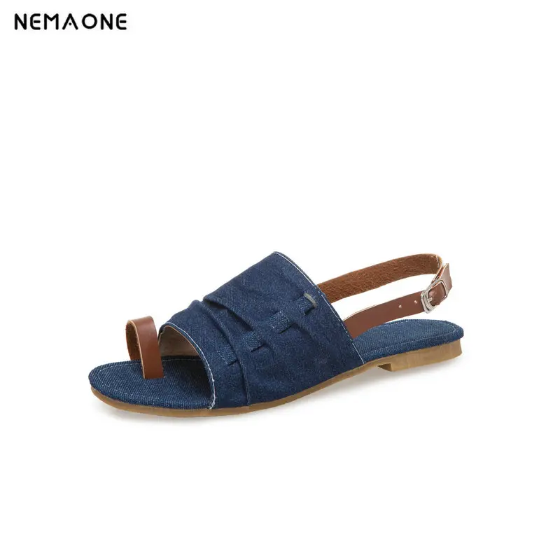 

NEMAONE Women sandals 2019 new summer high quality denim fashion buckle gladiator flat Denim sandals for women big size 34-43