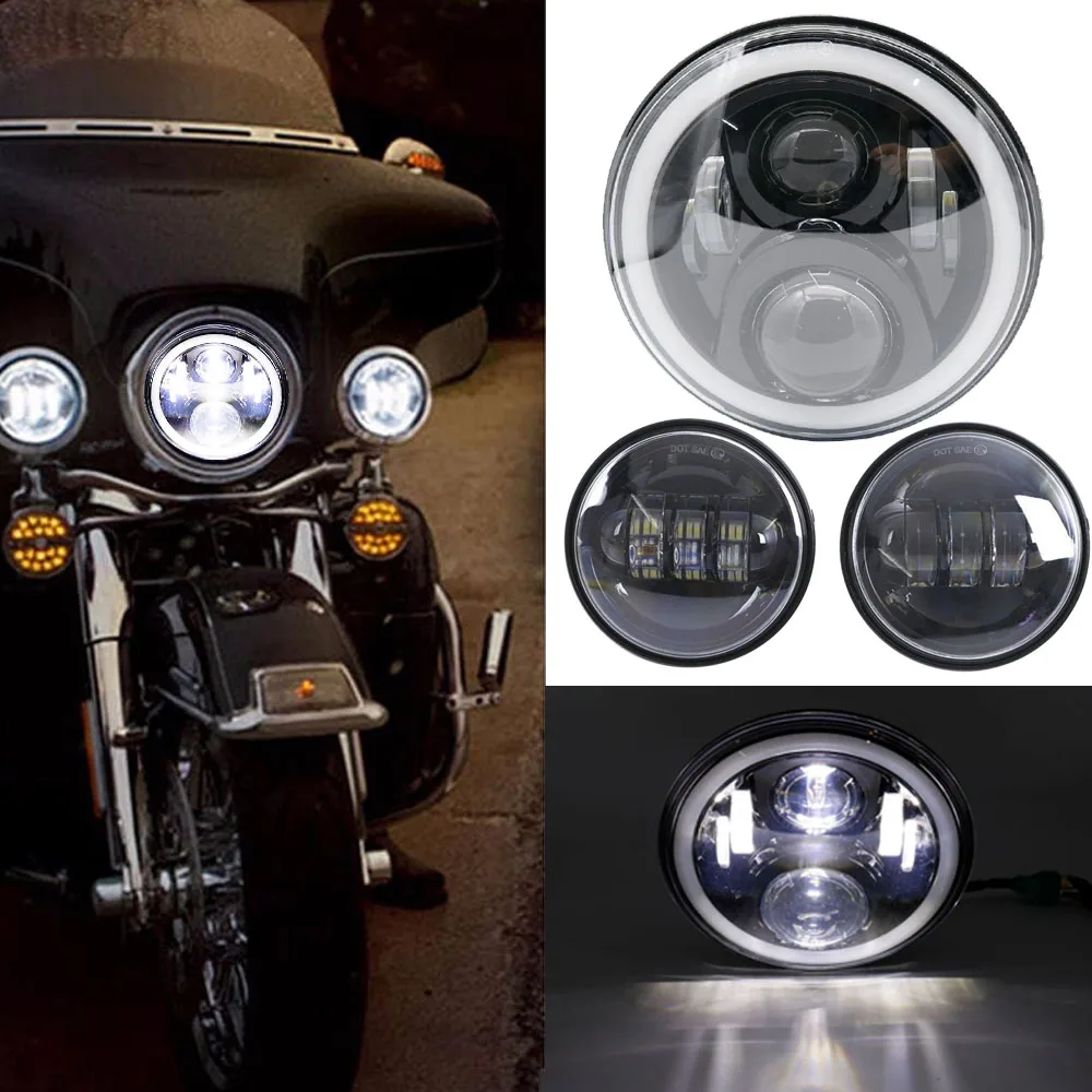 Set Motorbike Accessories 7 Turn Signal DRL Angel Eye Headlamp for Harley Softail Touring Daymaker 7 Inch Round LED Headlight