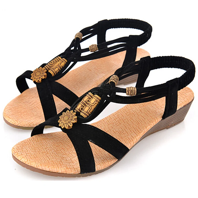

Hot Sales Women's Summer String Bead Sandals Bohemian Low Heel Wedge Ankle Strap Sandal #94