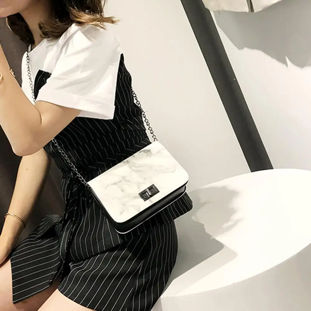 

Marble Grain Twist Lock Flap Square Women Faux Leather Crossbody Shoulder Bag