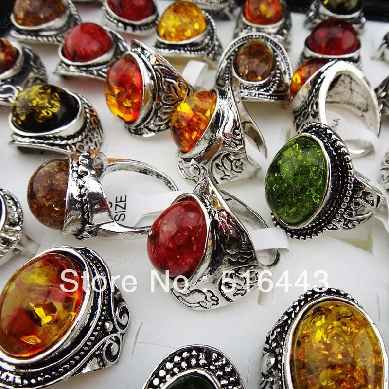 

Charms 5pcs Mix large Vintage Amber Antique Silver Retro Womens Mens Rings Wholesale Jewelry Lots Free Shipping A-914