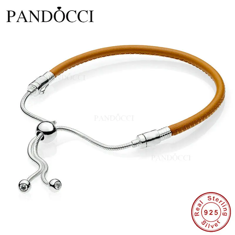 

925 Sterling Silver Sliding Golden Tan Leather Bracelet, Clear CZ Fits for Original Bracelets Jewelry PANDOCCI