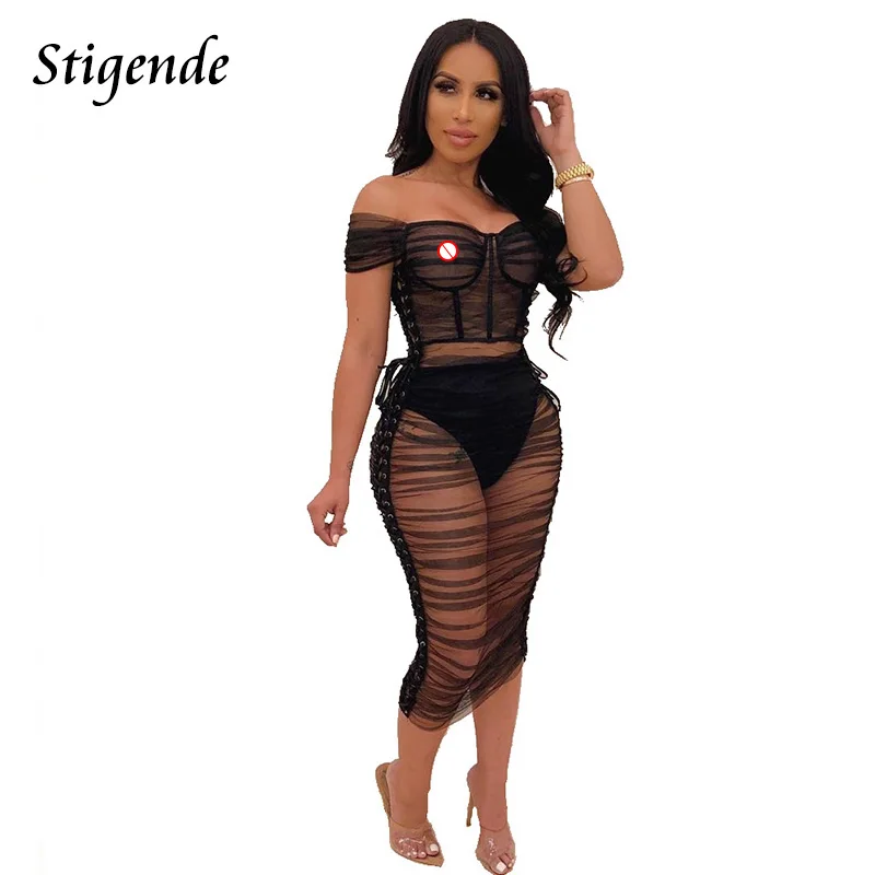 Stigende пикантные с открытыми плечами See Through сетки платье для вечерние короткий