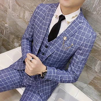 

Long Sleeve Mens three-piece set Asian size S - 3XL Business marriage Men Plaid Blazer Jacket and pant and Waistcoat