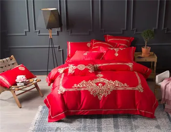 

New 4/7pc Embroidery Bedding Sets Size for Queen king Red Bed Linen Bed Sheets Duvet Cover Set for wedding