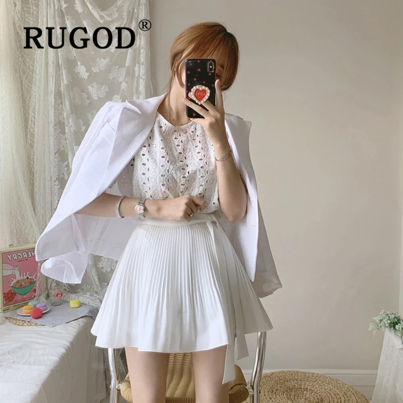 RUGOD корейский ins кружева выдалбливают белые женские блузки элегантный вокруг шеи