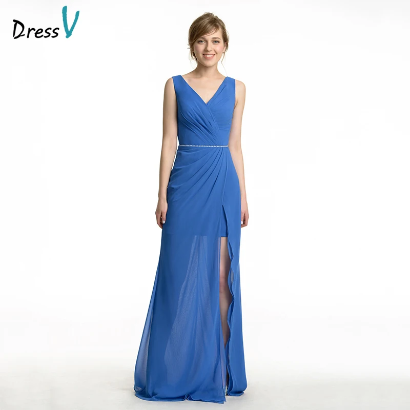 Dressv Blue Bridesmaid Dress V Neck A Line Beading Button Ruched Sweep