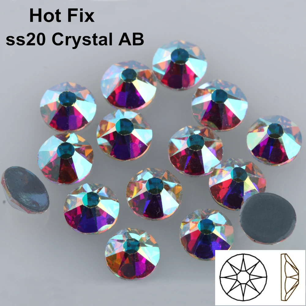 Goedkoop 1440 stks partij, AAA Kwaliteit Nieuwe Facted (8 grote 8 kleine) ss20 (4.8 5.0mm) Crystal AB Iron Op Hotfix Steentjes
