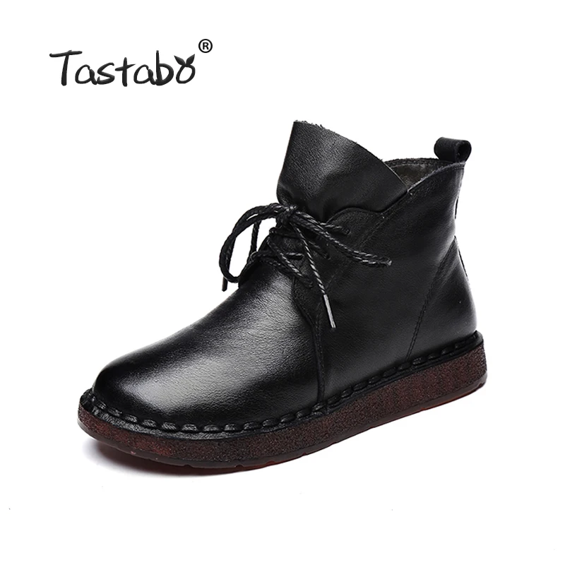 Tastabo/женские ботильоны из натуральной кожи на шнуровке; женская обувь на плоской подошве в винтажном стиле; однотонные черные женские ботильоны в стиле ретро