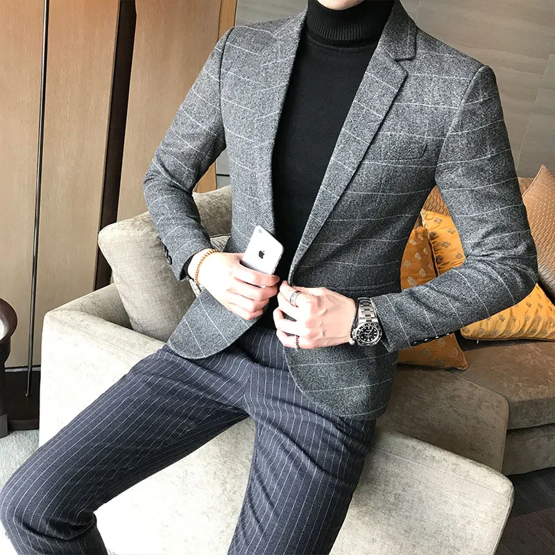 Quality Men Blazers Mens Plaid Wedding Suit Jacket Business Formal Party Blazer Slim Fit Male Custom Dress Coat - Цвет: dark grey