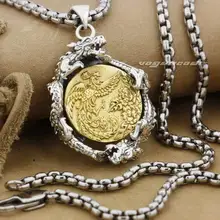 925 Sterling Silver Dragon & Brass Phoenix Mens Boys Biker Rocker Punk Pendant 9F021 Stainless Steel Necklace 24inch