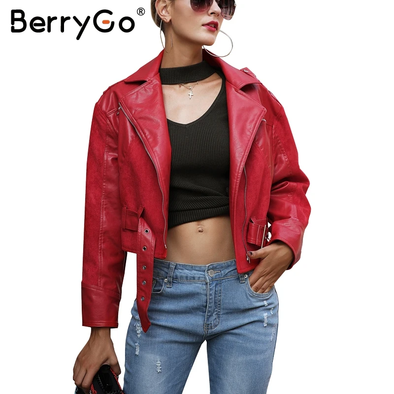 BerryGo/Модная красная куртка из искусственной кожи пальто женский ремень молния