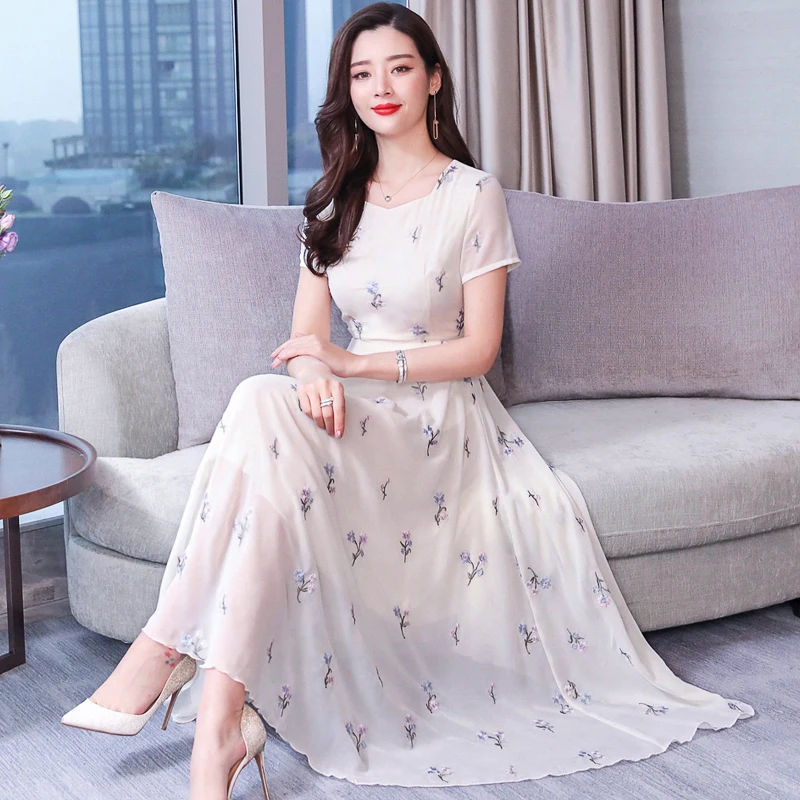 

Plus Size M-3XL 2019 Summer New Arrival Elegant V Collar Flower Embroidery Short Sleeve Woman Chiffon Long Dress