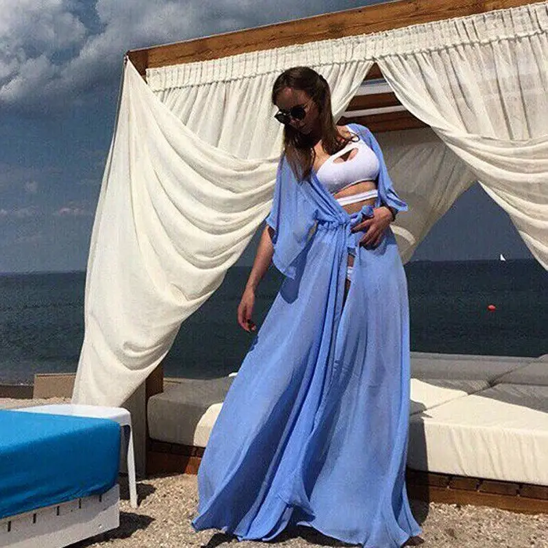 Летняя модная женская накидка пляжная одежда длинное платье шифон кимоно пляжный кардиган бикини - Цвет: Синий